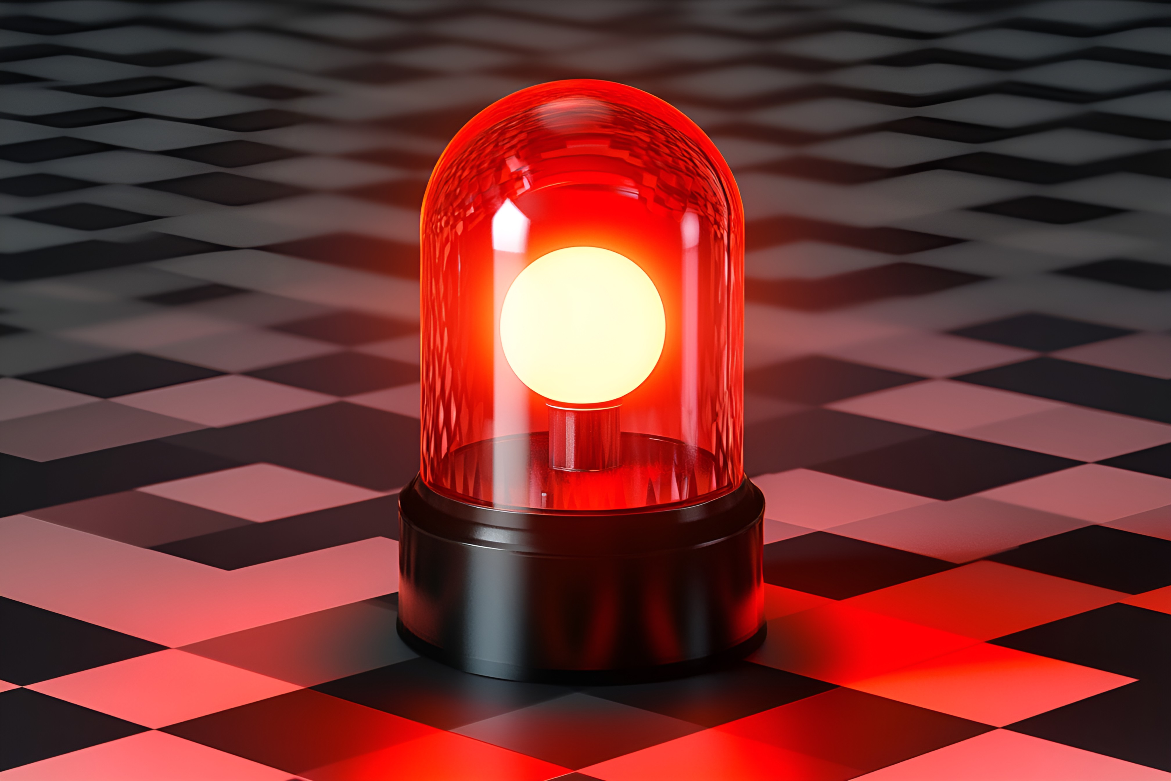 3D渲染红色警报灯黑白格子背景插画（商业使用）.png